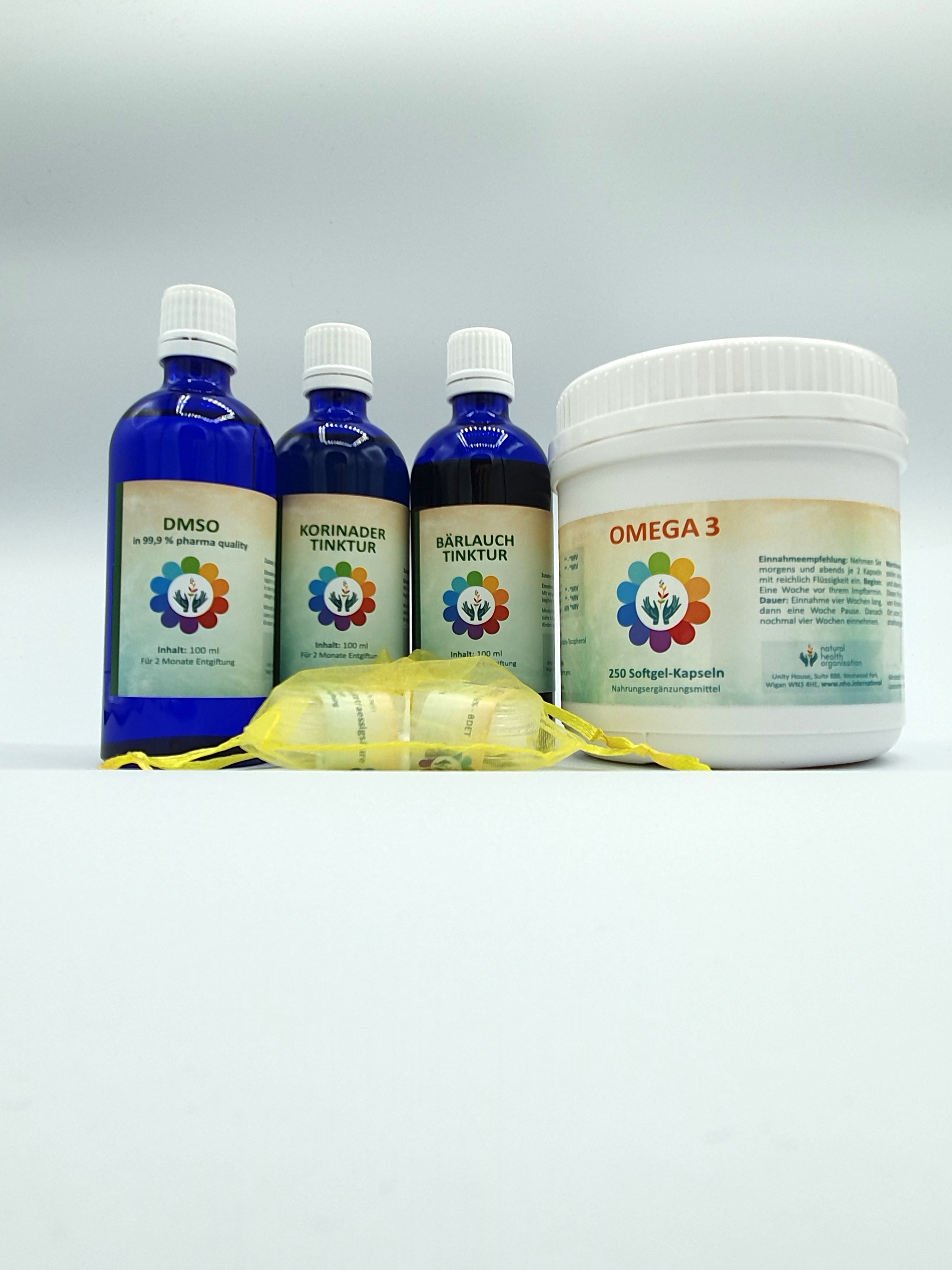 Ausleitungs- und Entgiftungspaket 3 blaue Tropffläschen, eine weiße Dose für Kapseln und ein gelbes Kräutersäckchen