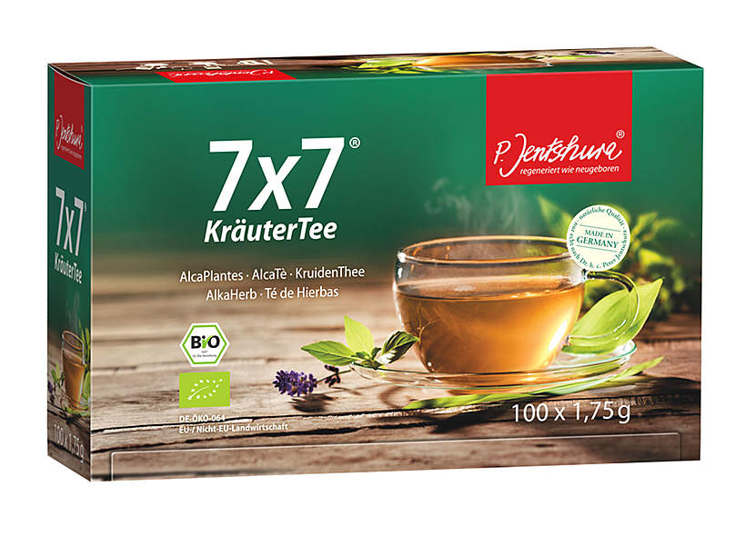 Entgiftungstee 2 Grün braune Teebox aus Karton mit der Aufschrift 7x7 Kräutertee