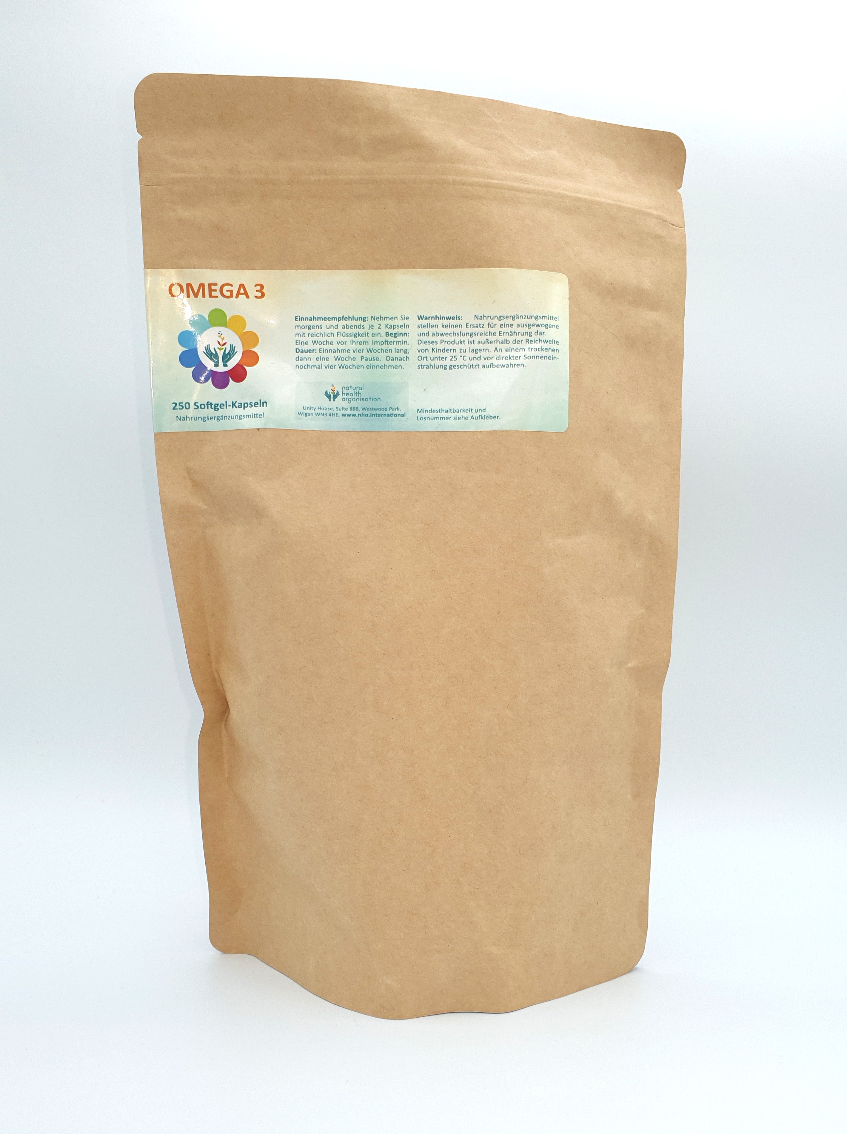 Omega 1 Hellbraune Versandtasche mit Aufkleber Omega 3