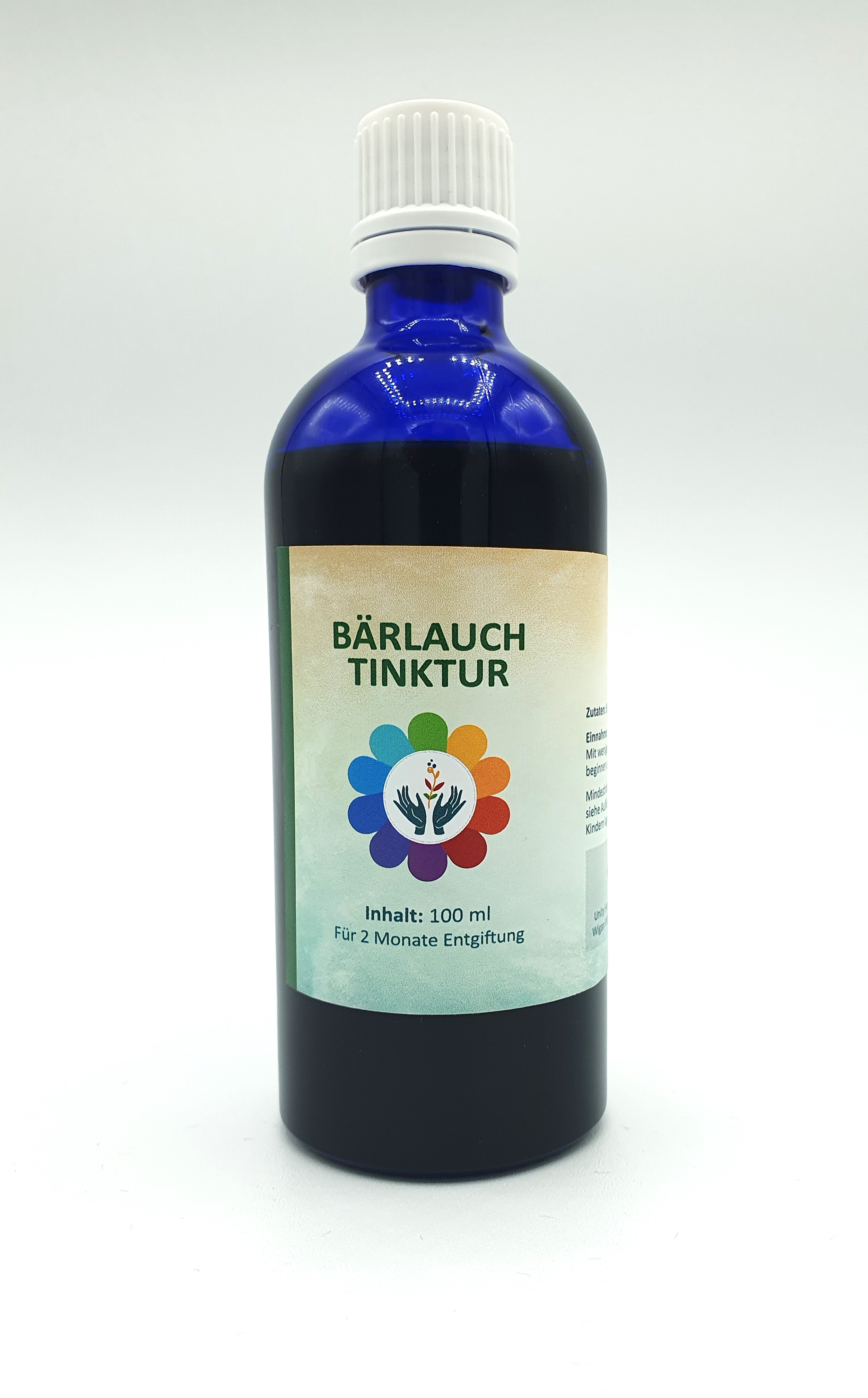 Bärlauch 3 Blaues Tropffläschchen mit weißem Verschluss und der Aufschrift Bärlauch Tinktur.