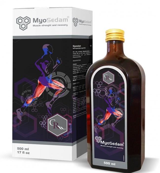 Myosedam 3 Braune Flasche Myosedam und daneben die Verpackung